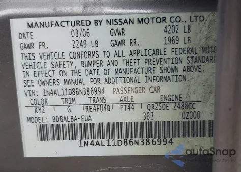 2006 Nissan Altima 2.5 S z USA, uszkodzony, nr VIN 1N4AL11D86N386994